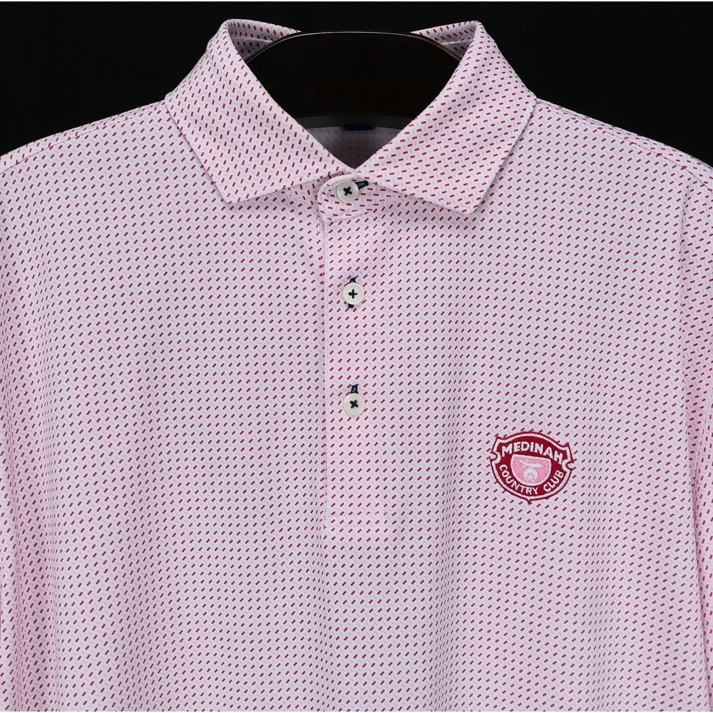Stitch Golf Mens L Medinah C.C Performance Polo Shirt Pink Red Micro Geo Pattern